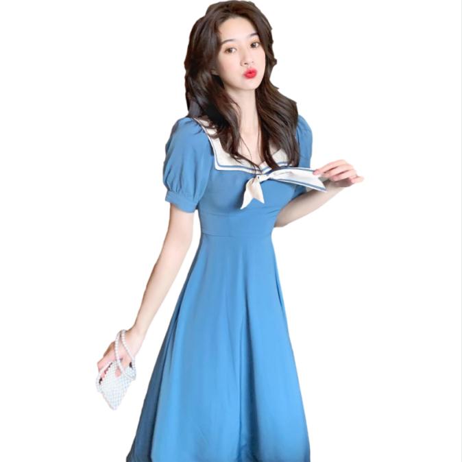 Female French Retro Elegant High Waist Small Knee Dress Navy Neck Bubble Sleeve Medium Length Slim Dress