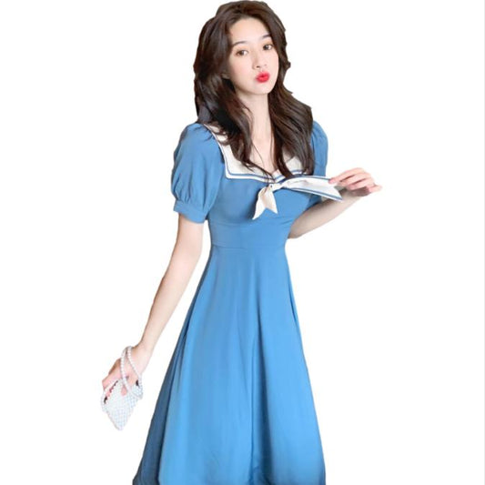 Female French Retro Elegant High Waist Small Knee Dress Navy Neck Bubble Sleeve Medium Length Slim Dress