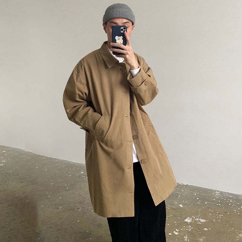 Spring and Autumn Retro Mid-length Windbreaker Men's and Women's Same Lapel Coat Hong Kong Style Loose Casual Jacket