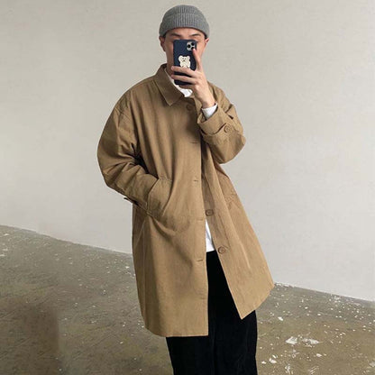 Spring and Autumn Retro Mid-length Windbreaker Men's and Women's Same Lapel Coat Hong Kong Style Loose Casual Jacket