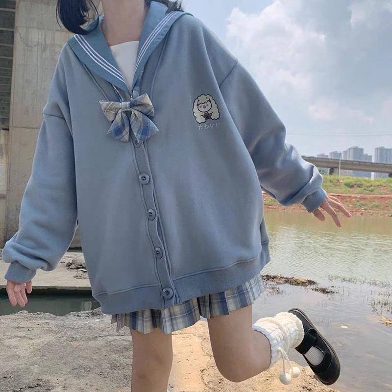 Autumn  Winter Button Cardigan Sweater Women Cute Embroidery Student Loose Coat Female College Style
