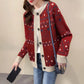 Bear Jacquard Sweater Jacket Women's Autumn and Winter Loose and Lazy Style Contrast Color Knitted Cardigan Top Trendy