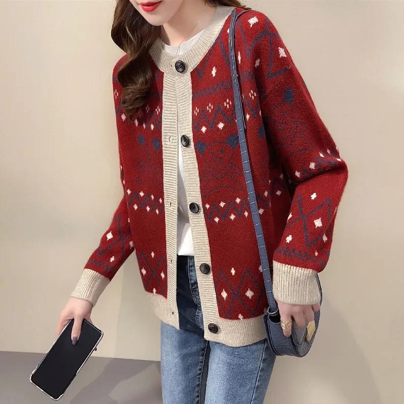 Bear Jacquard Sweater Jacket Women's Autumn and Winter Loose and Lazy Style Contrast Color Knitted Cardigan Top Trendy