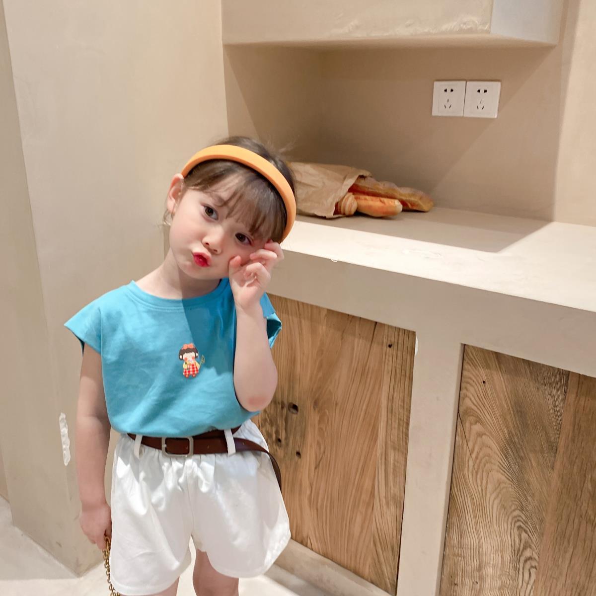 Summer Kids Cute Tops Korean Style T Shirts Girls' Short Sleeve T-shirt Open Back Printed Solid for Children Girls