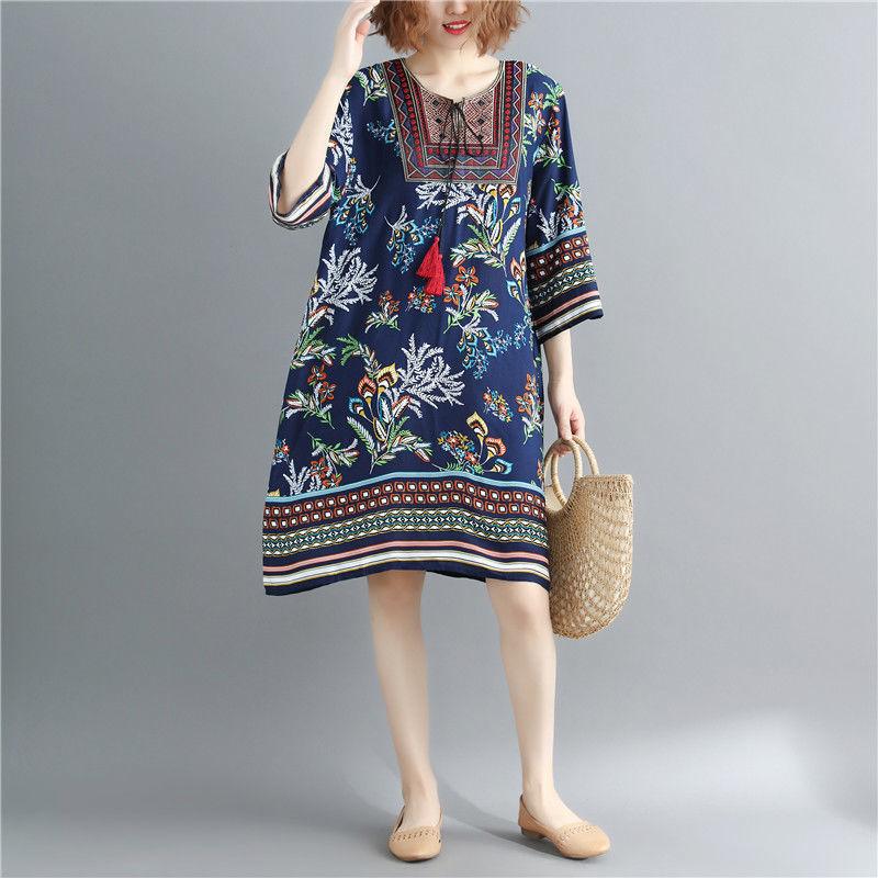 Printing  M-XXXL Printed Round Neck Dress Women Loose Plus Size Summer Polyester Short-sleeved Knee-length A-line Dress