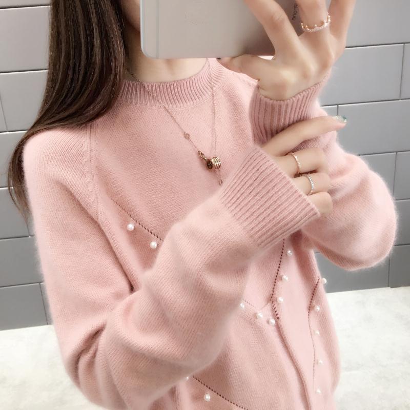 Autumn and Winter Loose Top with Round Neck Sweater All-match Beaded Female Bottoming Shirt