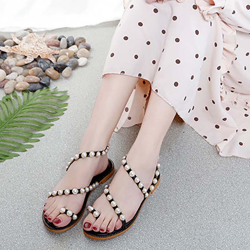 Pearl Sandals Female Summer Fairy Style Student Flat All-match Flip-flop Roman Sandals