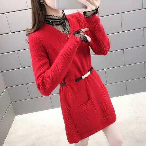 Autumn and Winter Fake Two-piece Mid-length Sweater Women Loose Waist Bottoming Sweater Skirt Lace Collar