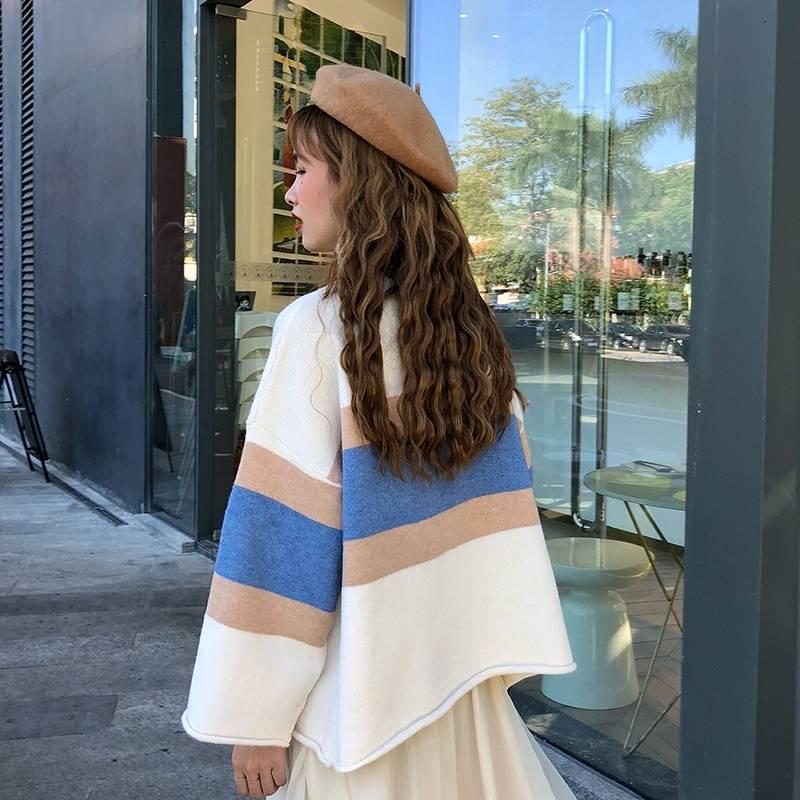 Thick Color-matching Turtleneck Female Autumn Winter Striped Bottoming Sweater Loose Top