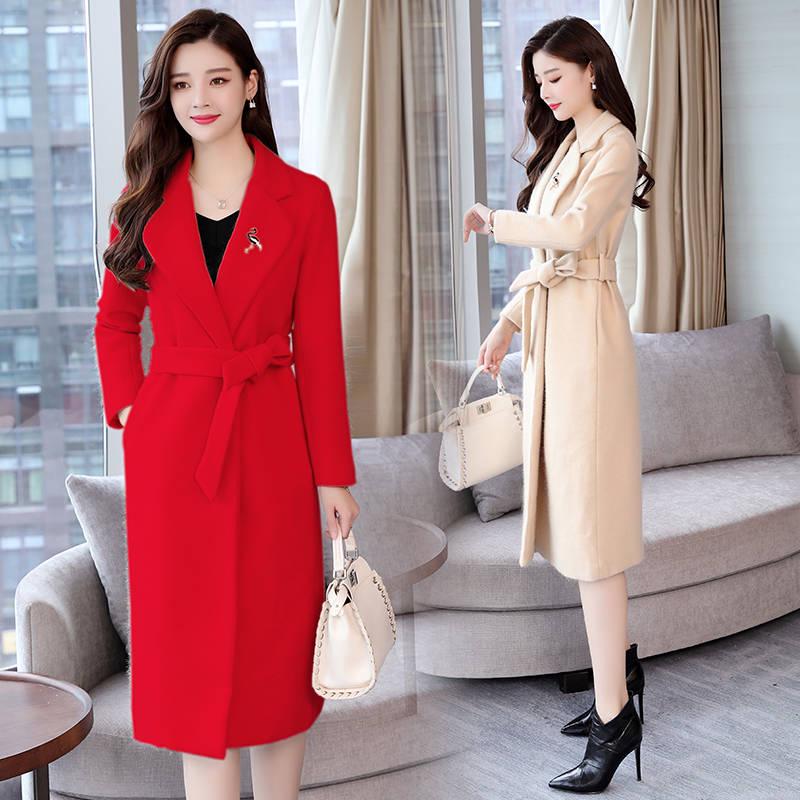 Wool Blend Winter Coat Women Long Sleeve Elegant Belt Female Outwear Coat Autumn Streetwear Coat