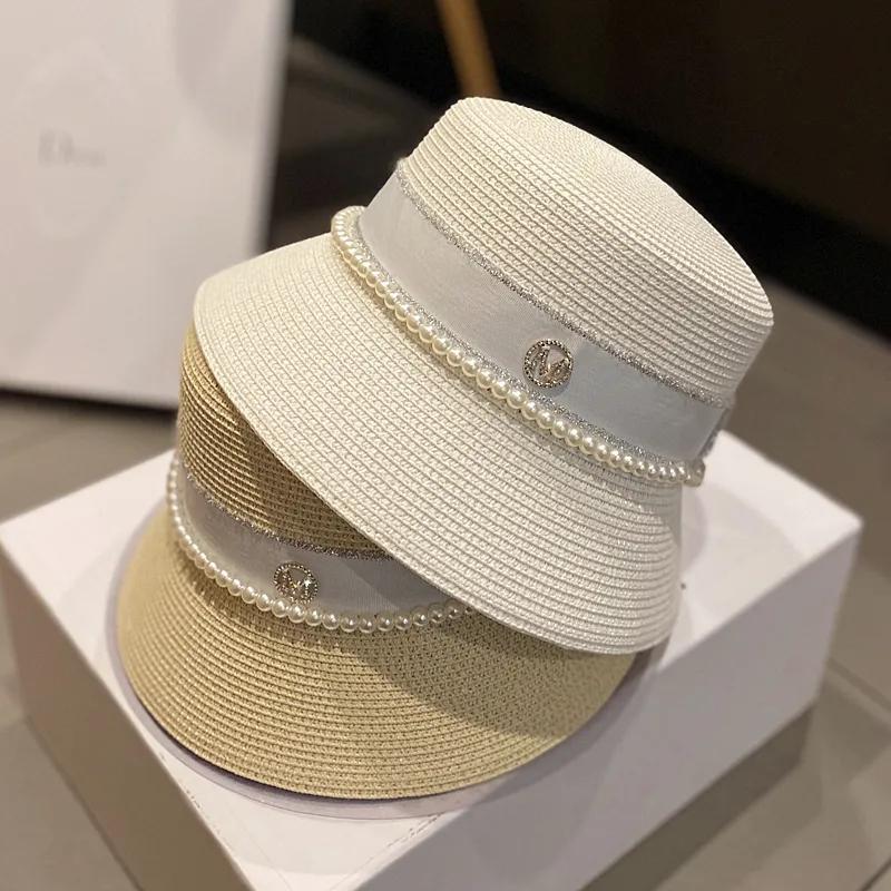 Women's Summer Hat Elegant Pearl Bucket Hat Rhinestone M Mark Retro Basin Hat Shade Straw Hat Luxury Top Hat