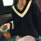 Winter Sweater Female Stripe V-neck Sweater Loose Lazy Wind Sweater College Wind Bottoming Shirt