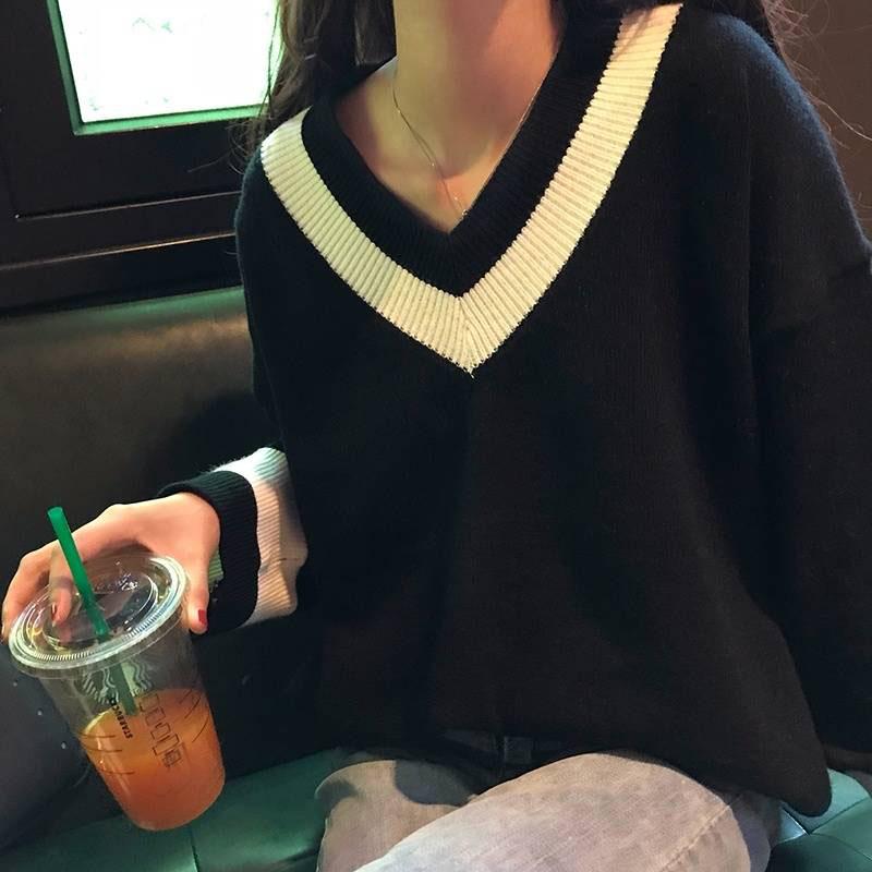 Winter Sweater Female Stripe V-neck Sweater Loose Lazy Wind Sweater College Wind Bottoming Shirt