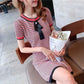 Pofulove Women Bow-knit A-line Dress Short-sleeved O-neck Mid-length Evening Dress Casual Dresses