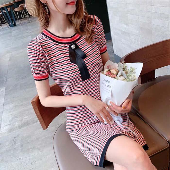 Pofulove Women Bow-knit A-line Dress Short-sleeved O-neck Mid-length Evening Dress Casual Dresses