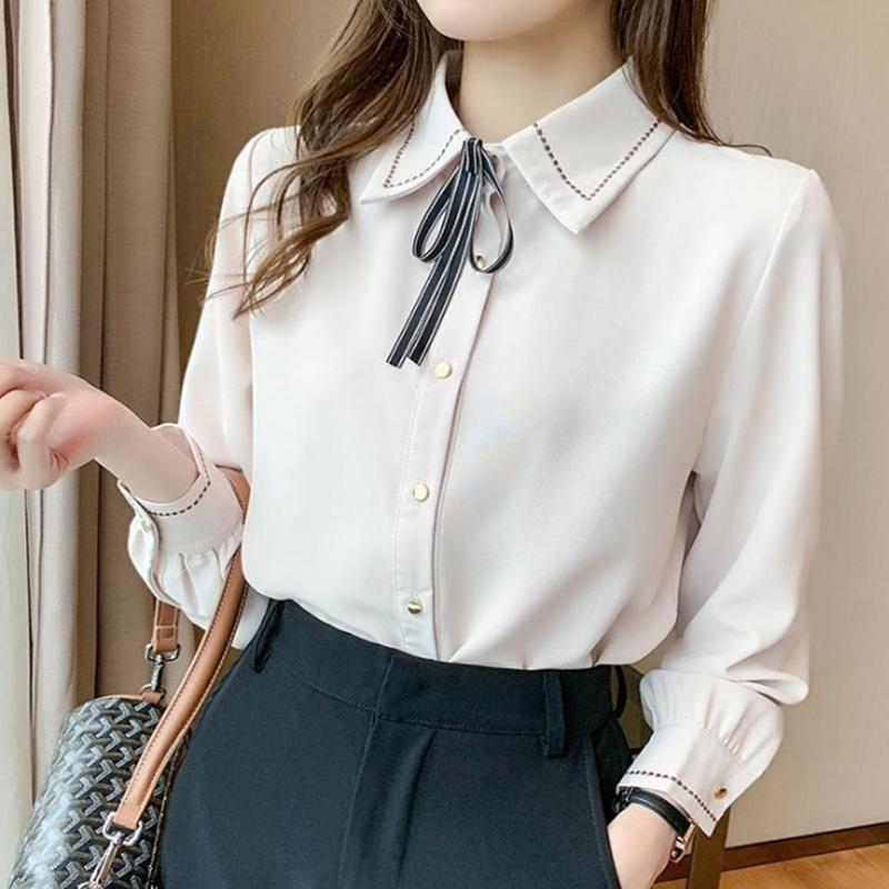 Chiffon Shirt Solid Color Bow Tie Lapel Shirt Ladies Versatile Long Sleeve Bottoming Shirt Commuter