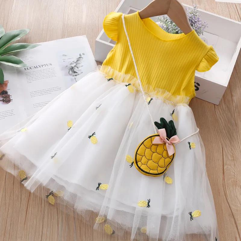 Girls Dress Summer Sweet Splicing Mesh Pineapple Skirt Kids Short Sleeve Vest Princess Dress Puff Skirt