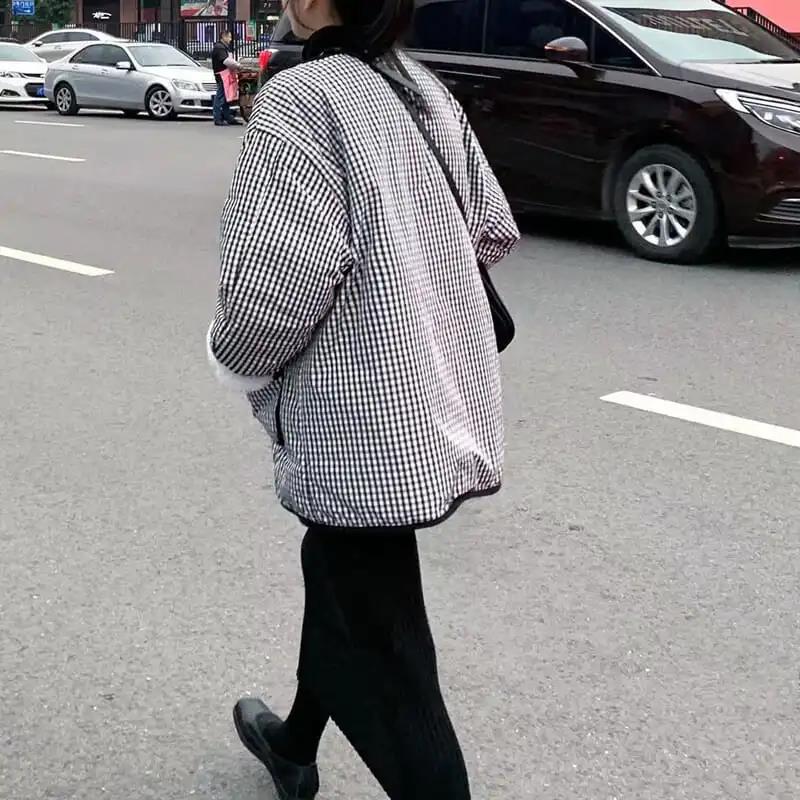 Plaid Cotton Coat Lamb Hair Plus Velvet Thickening Student Korean Style Loose Coat Coat Women
