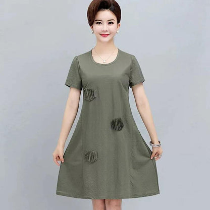 Large Size Loose Simple Style Women's Summer Dress Short Sleeve Round Neck Solid Color Knee-length Daily Wear