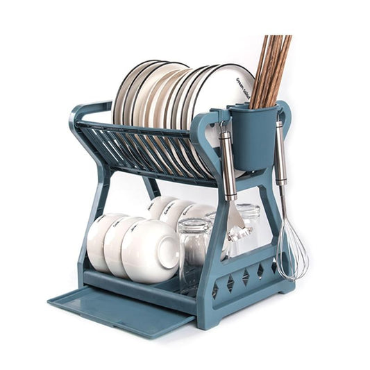 Double-layer Kitchen Dish Bowl Draining Storage Rack Basket with Chopstick Cage