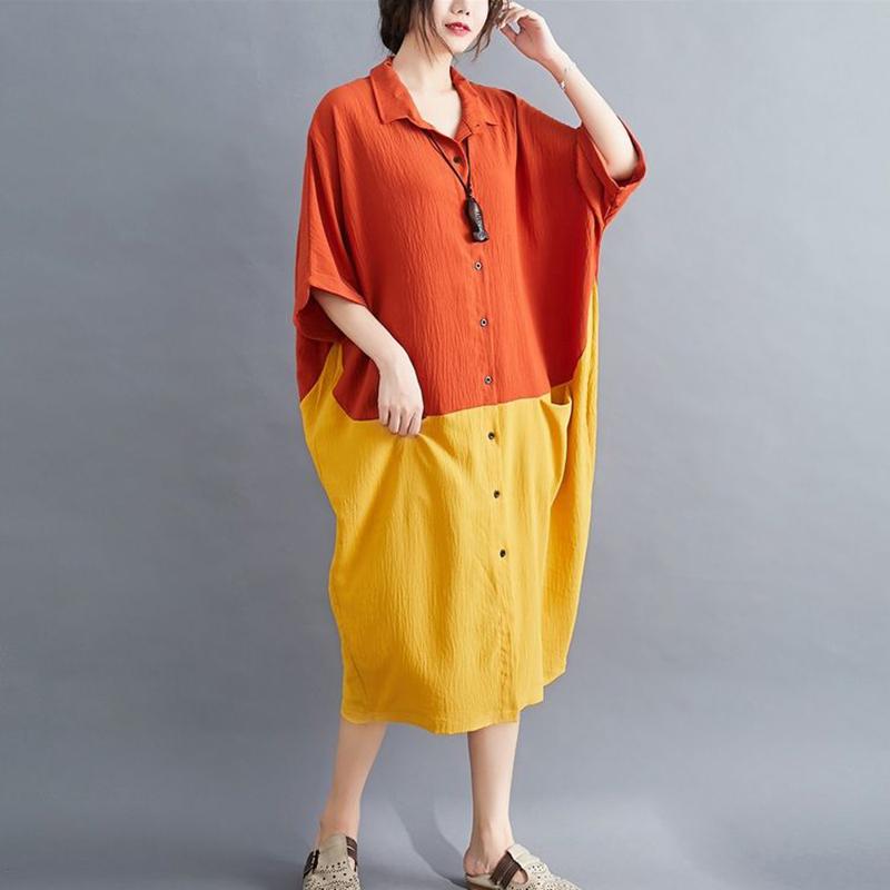 WTEMPO Plus Size Women Dress Summer Turn-down Collar Long Dress Casual Mid-calf Length Color Block Button