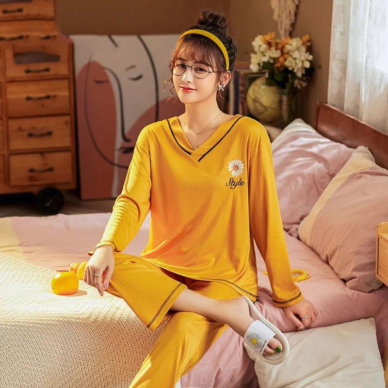 Women's Long-sleeved Pajamas Set Daisy Print V-neck Home Wear Suit Spring Sweet Casual Large Size Loose Pajamas Two-piece Set