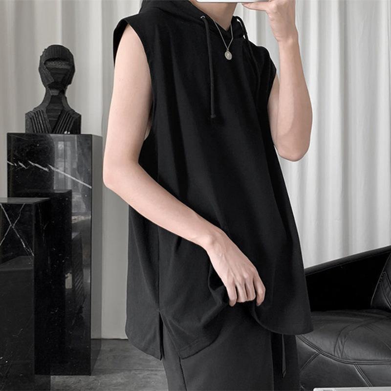 Summer Solid Color Hooded Vest Men's Trendy Loose Waistcoat Slit All-match Sports Hoodie Vest