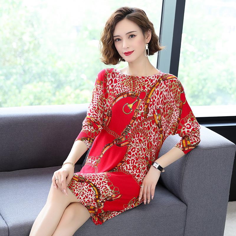 Leopard Knitted Dress Women Autumn Winter Boat Neck Long Sleeve Sweater Dress Slim Pullover Dress