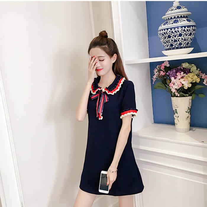 Pofulove S-4XL Women Summer Short-sleeved Bow A-line Dress Student Slim Long O-neck T-shirt Dress