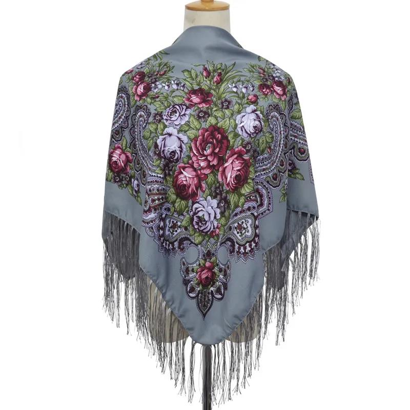 Muslim Women's Autumn Winter Pullover Scarf Cotton Printed Fringe Multifunctional Square Scarf Ethnic Wind Sand-proof Shawl Embroidery Tassels Scarves
