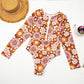 70's Long Sleeve Swimsuit, Vintage Floral Print Sun Protection One Piece