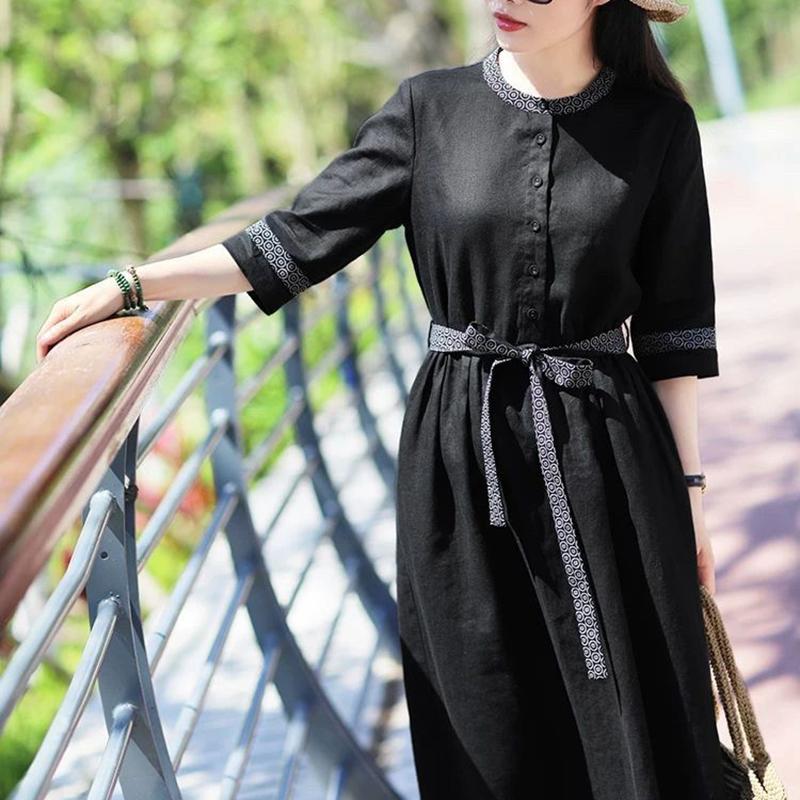 M-XXXXL Plus Size Ethnic Style Dress Linen Print Retro Cheongsam Round Neck Button Closure Dress with Belt