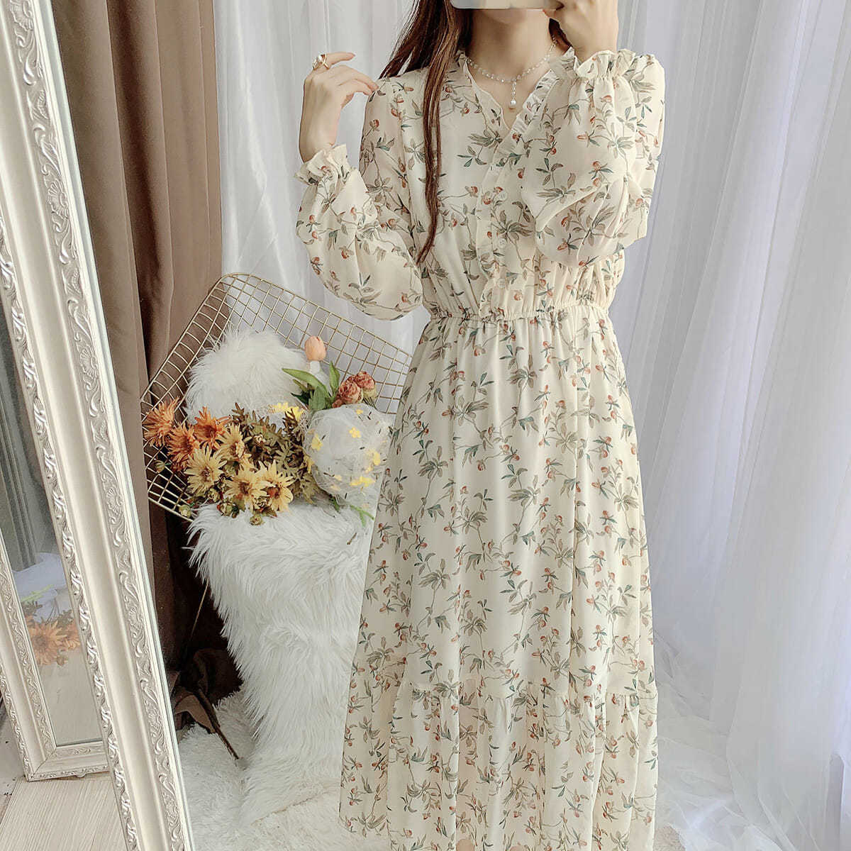 Spring French Romantic Retro Floral Dress V-neck Long-sleeved Sweet Waist Thinner Mid-length All-match Dress Female