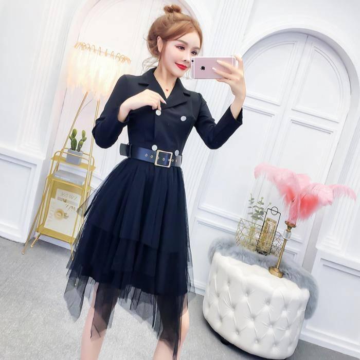 High Cold Irregular Suit Skirt Waist Was Thin Double-breasted Mesh Gauze Jacket Dress