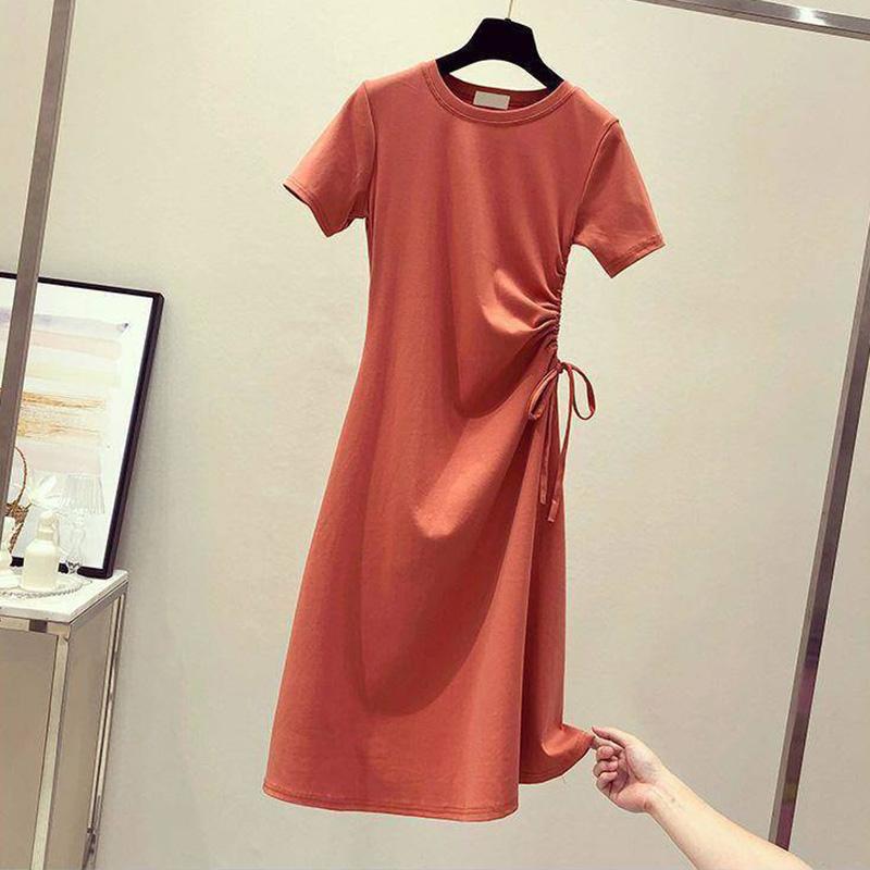 Ladies Mid-length  Round Neck Slim Base Short Sleeve Loose and Casual Solid Color Roped Drawstring Dress