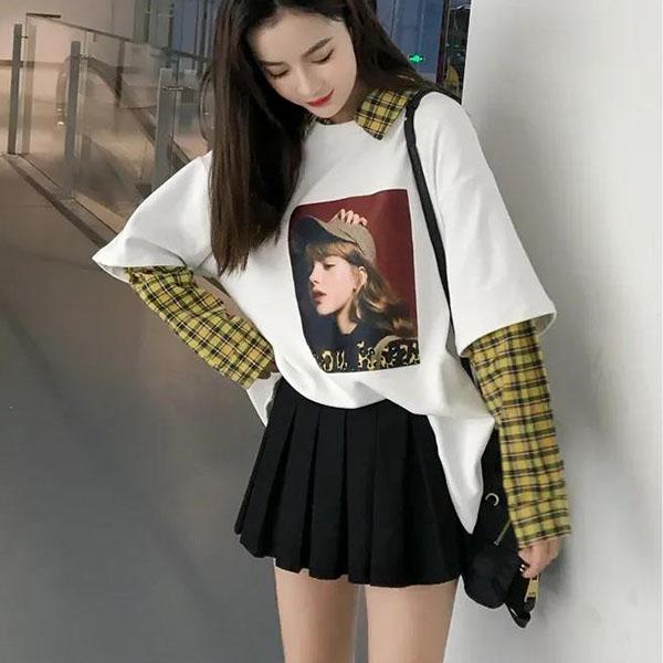 Fake Two-piece Splicing Tops Women's Spring and Autumn Long Sleeve Thin Sweater Large Size Loose Plaid Print Pullover