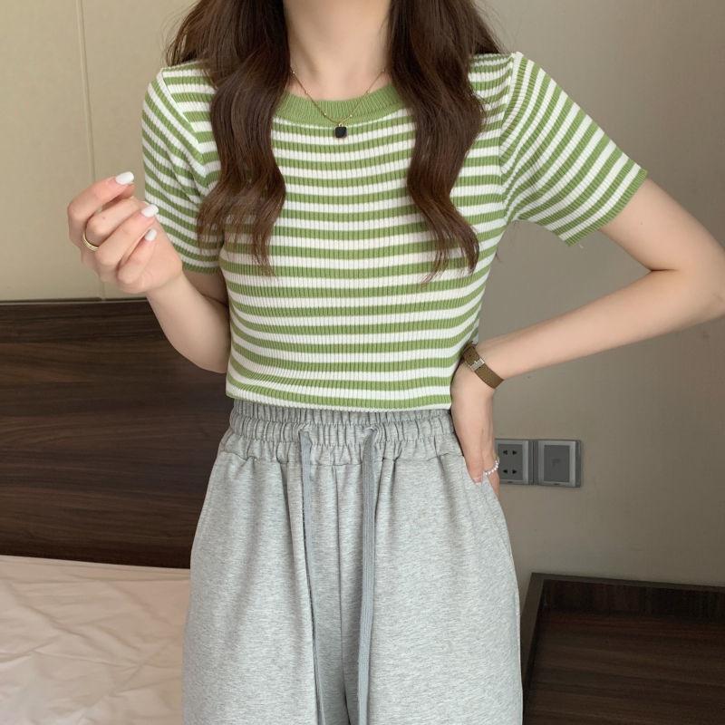 Thin Striped Ice Silk T-Shirt Women Summer Slim Short Knitted High Waist Top Short Sleeve