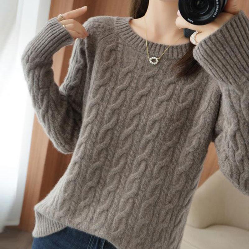 Sweater Women's Pullover Knitwear Korean Version Solid Color Loose Round Neck Twist Top Trending Sweater Autumn and Winter Top