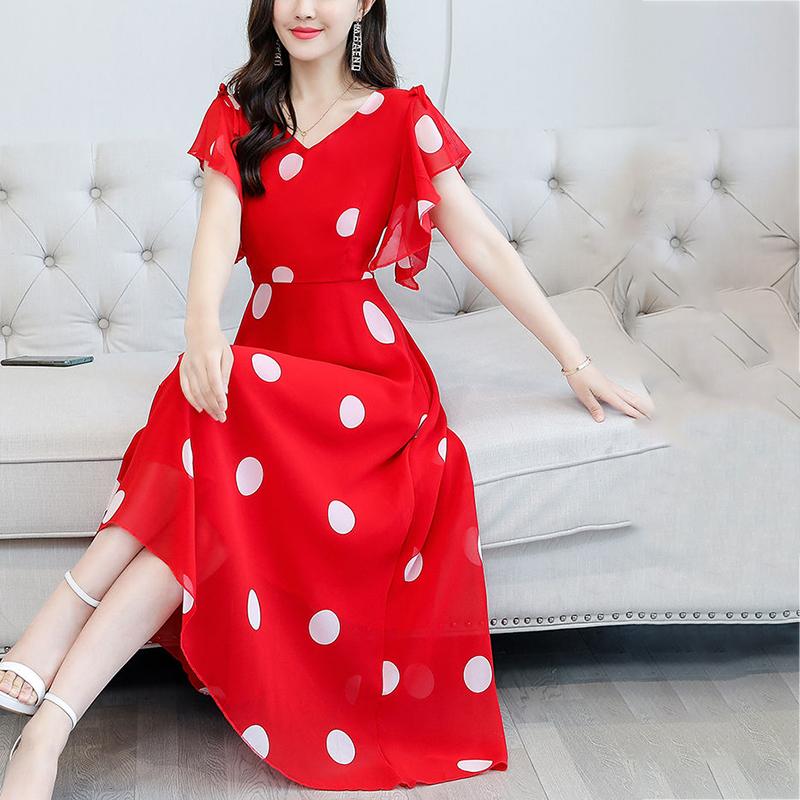 Women's Short Batwing Sleeve Ruffle Polka Dot Chiffon Dress  V-Neck Calf Length Daily Dating Party Office Wear