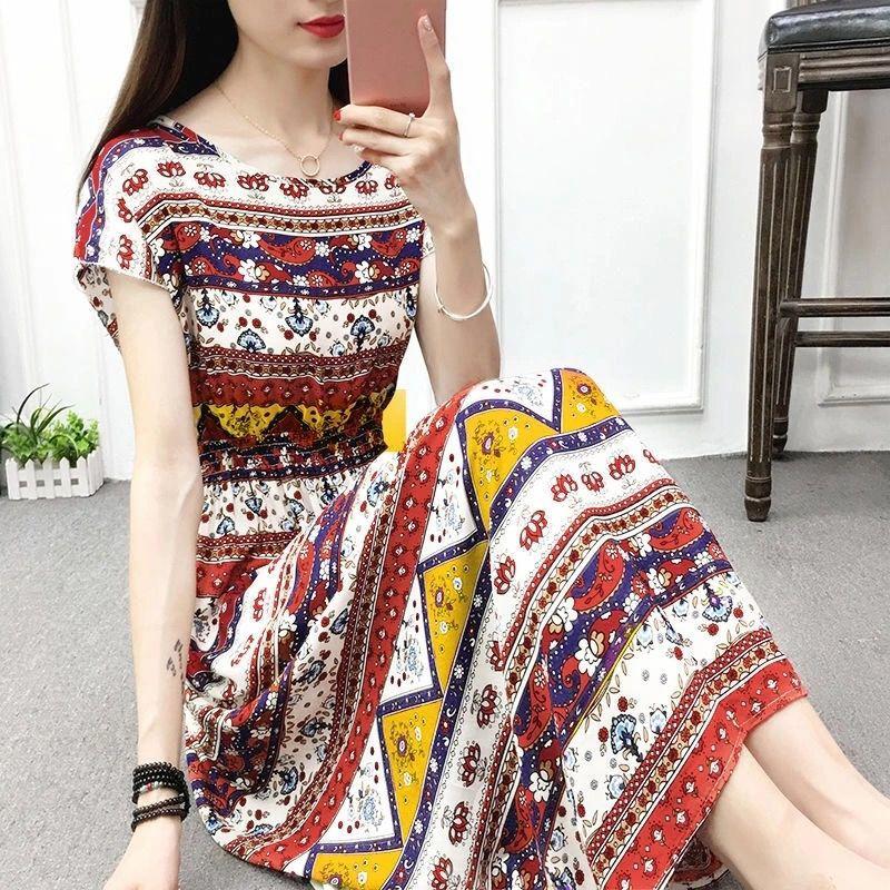 Women Long Dress Female Summer High Waist Vintage Short Sleeve Dress Slim Elegant Round Collar Print Dress