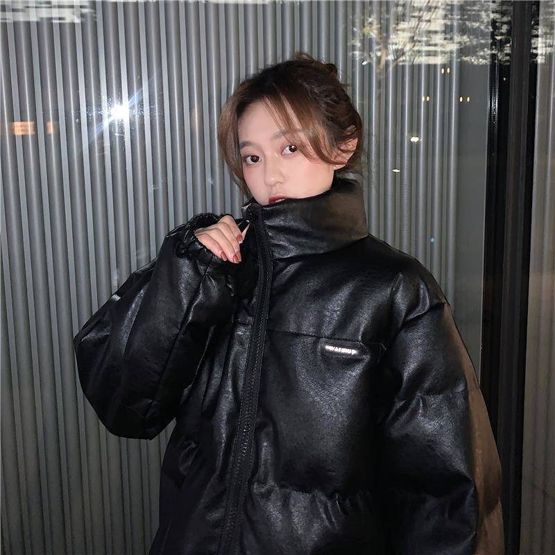 Winter Korean Style Jacket Super Shiny PU Leather Loose Thick Padded Coat Cotton Jacket Women