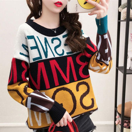 Letter Print Pullover Sweater Women Student Korean Loose Sweater Dress Top Autumn Winter Casual Bottoming Shirt Jumper