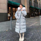 Down Jacket Women's Fluffy Big Fur Collar Hooded Loose Casual White Warm Down Jacket Winter Slim Thick Mid-length Over-the-knee Cotton Jacket