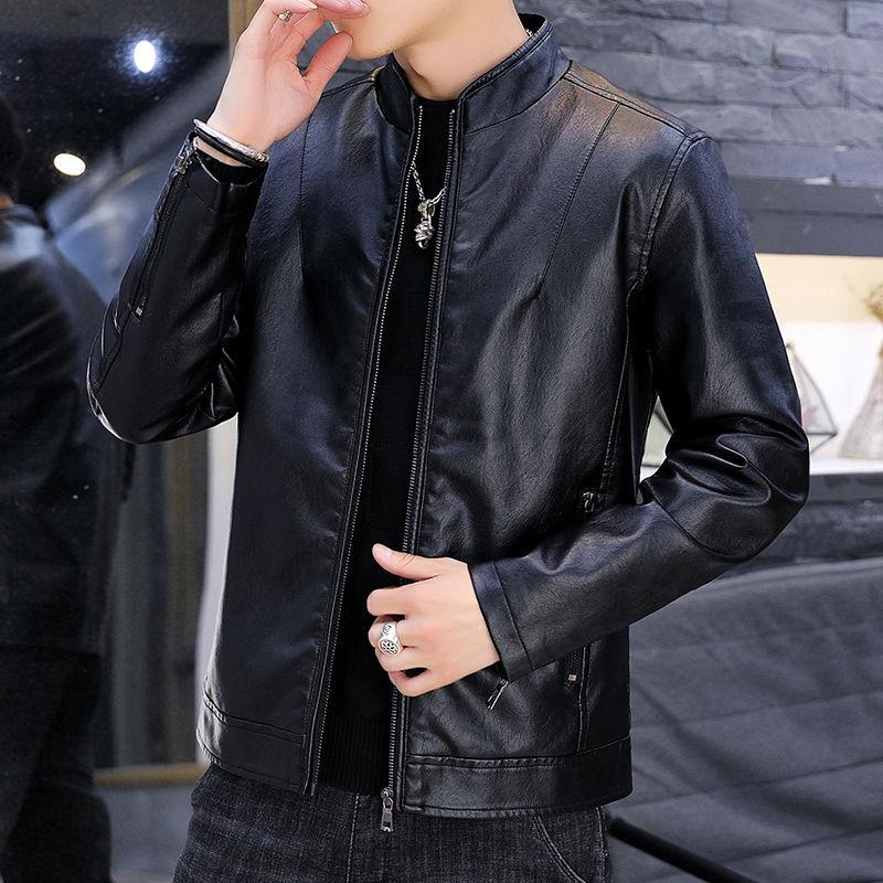 Men's Leather Jacket Trend Handsome Stand-up Collar Motorcycle Clothing Youth Autumn and Winter Plus Velvet Padded Jacket