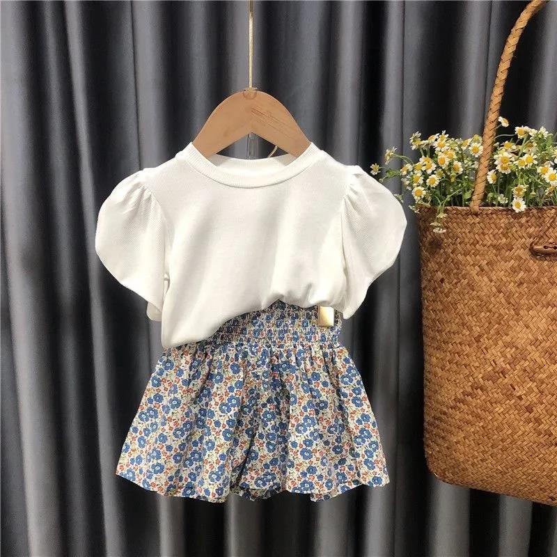 Girls' Cotton Suit Summer Female Baby Baby Solid Color Short-sleeved Little Girl Skirt Pants Thin Section