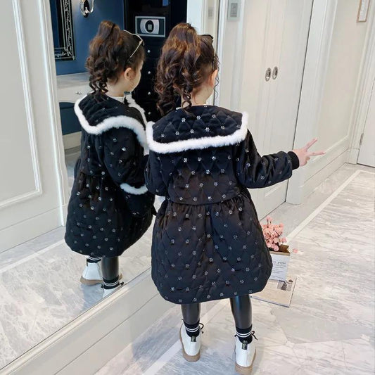 Girls Thick Warm Cotton Clothes Mid-length Winter Windproof Quilted Jacket