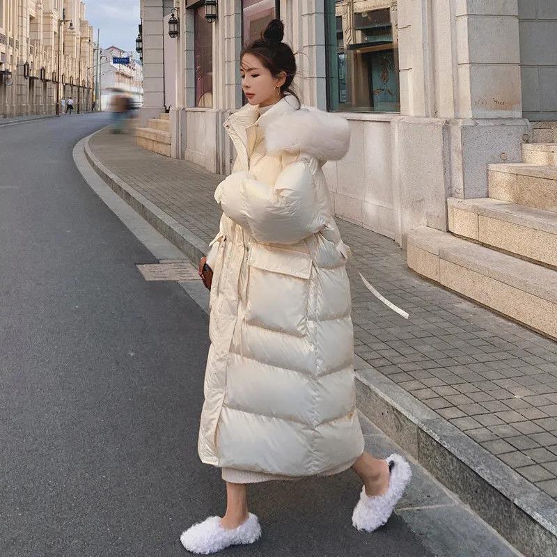 Shiny Down Cotton Jacket Fashion Color Hooded Jacket Winter Thicken Warm Long Over-the-knee Cotton Jacket Suitable for Women