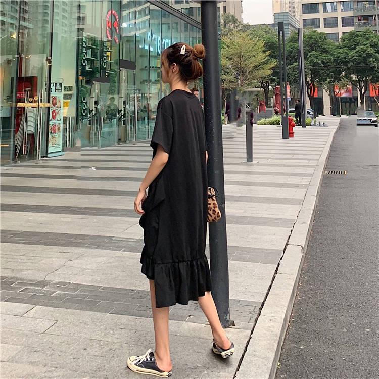 Loose Short-sleeve T-shirt  Calf-length Ruffles Dress Holiday Beach Asymmetrical Dress