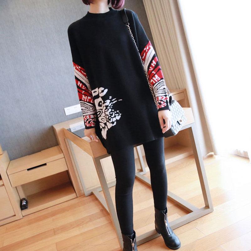 Vintage Printed Knitted Sweater Women Loose Bottoming Sweater Autumn and Winter Asymmetric Pullover Sweater