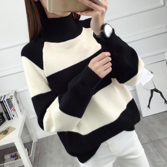 Half Turtleneck Pullover Black and White Striped Sweater Autumn and Winter Loose Short Bottoming Shirt Student Thickening Ladies Blouse